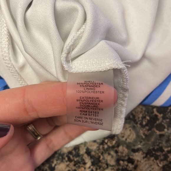 NWOT Ivanka Trump blue white geometric stripe faux wrap sheath, size M - Picture 9 of 15